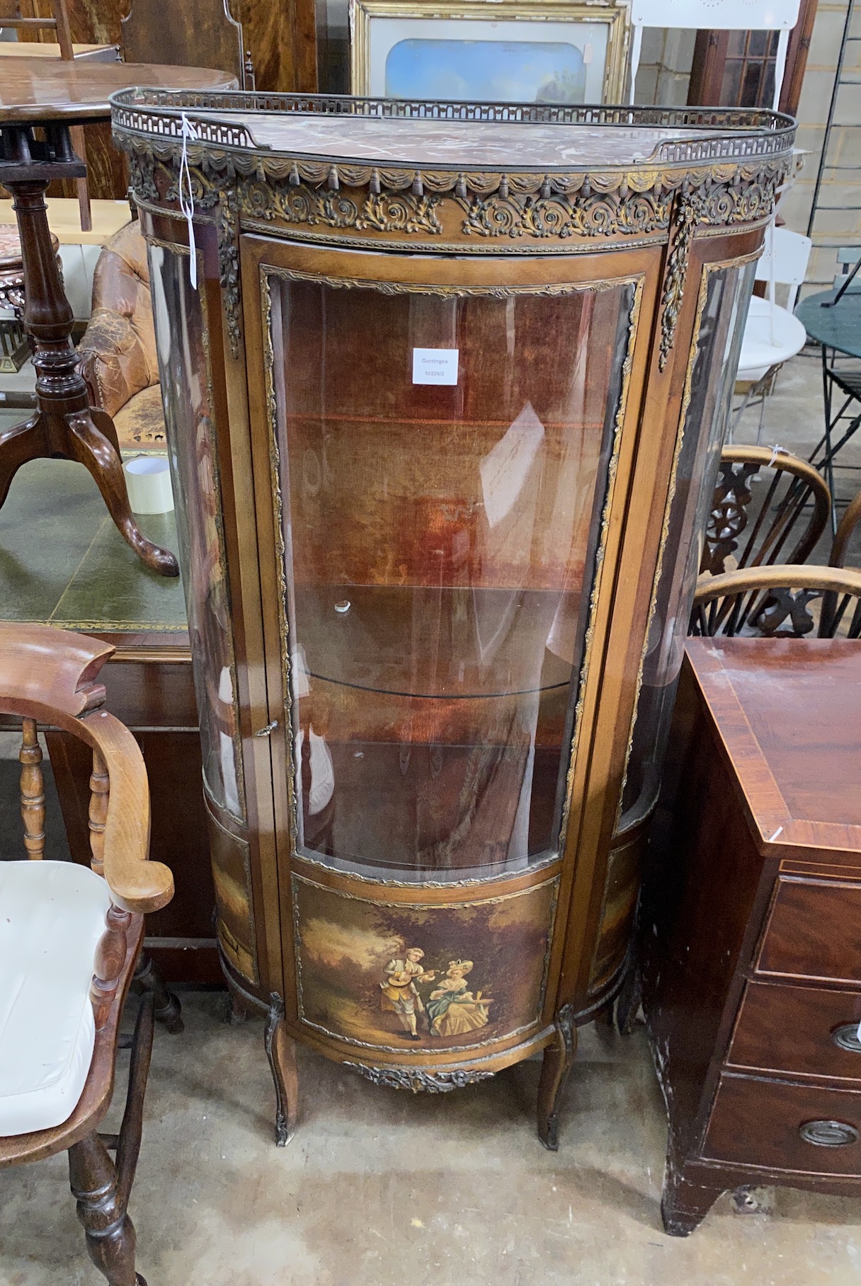 A Louis XV style ormolu mounted marble topped mahogany vitrine, with Vernis Martin style panels, width 68cm, depth 34cm, height 148cm